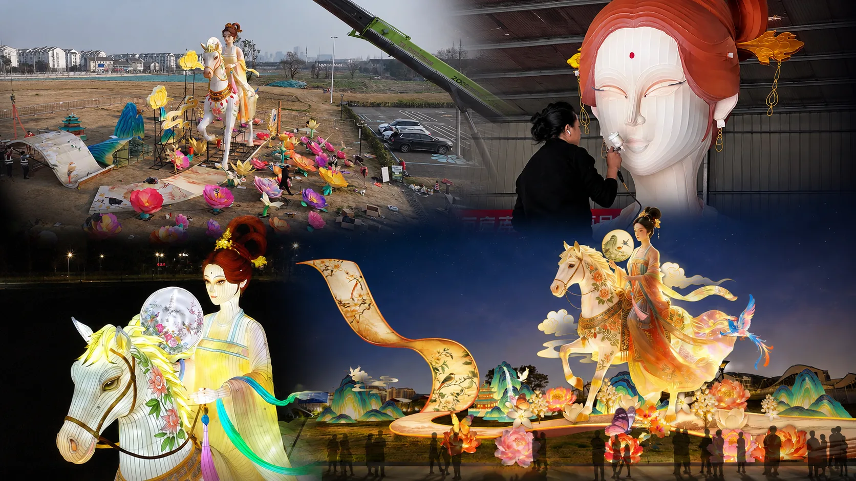 人物骑马主题彩灯从现场安装、工厂制作到夜间完整点亮的项目周期画面