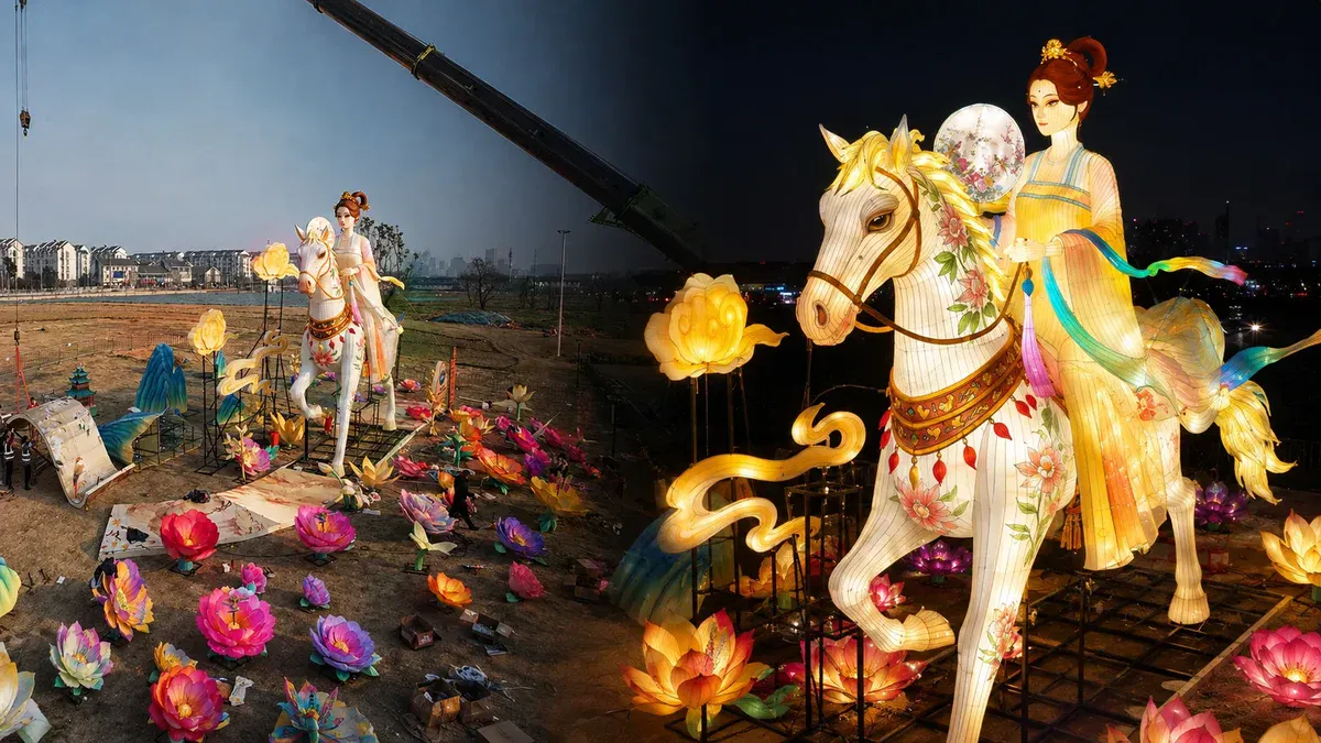 大型人物彩灯从现场安装到夜间点亮的对比画面