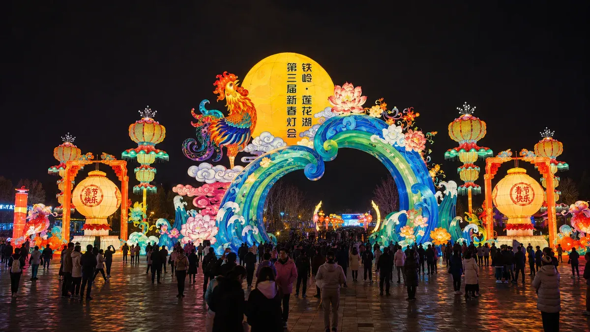 大型彩灯入口门头的夜间展示效果