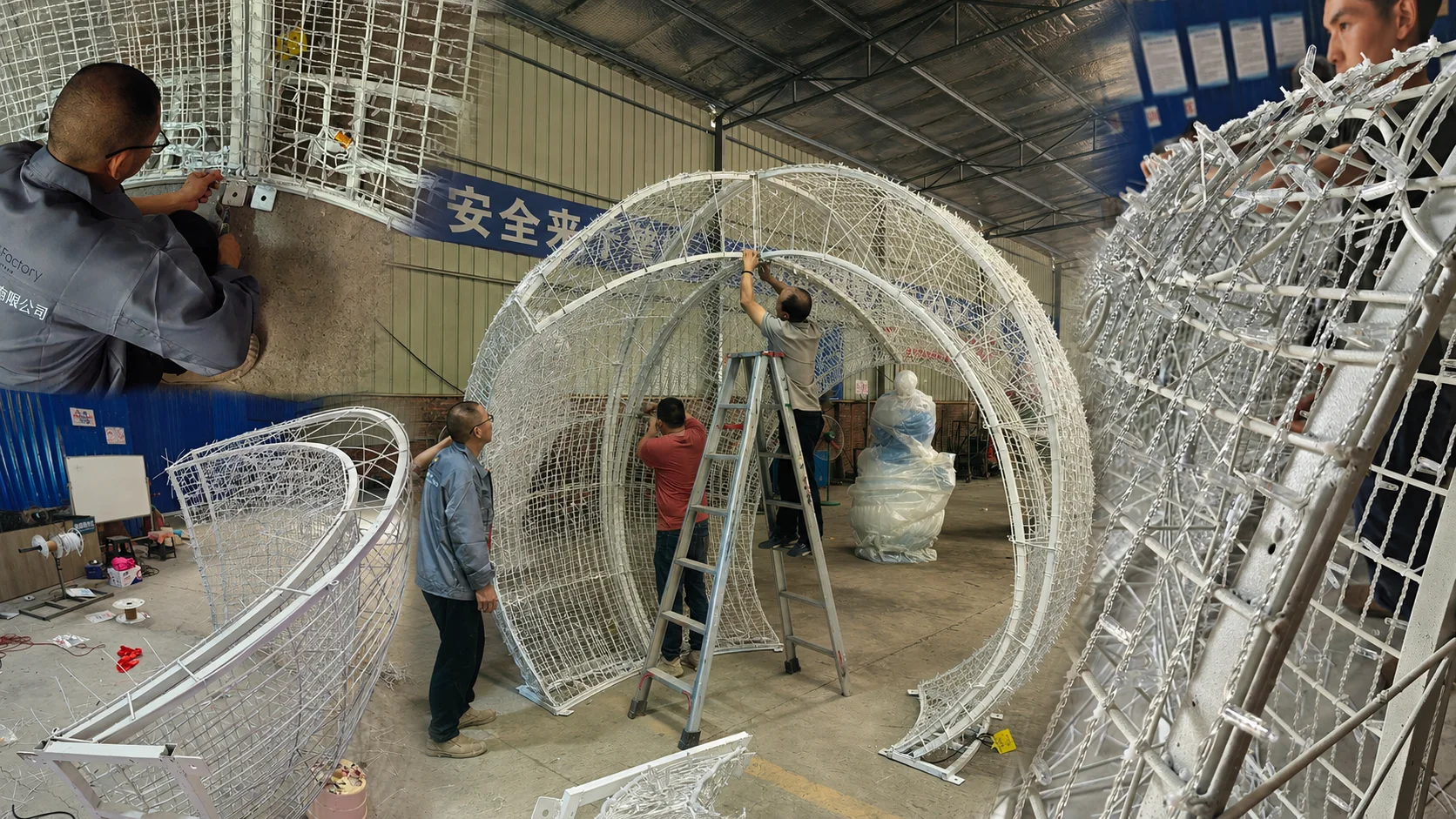 工厂内制作满天星拱门的白色双层钢架与串灯安装过程